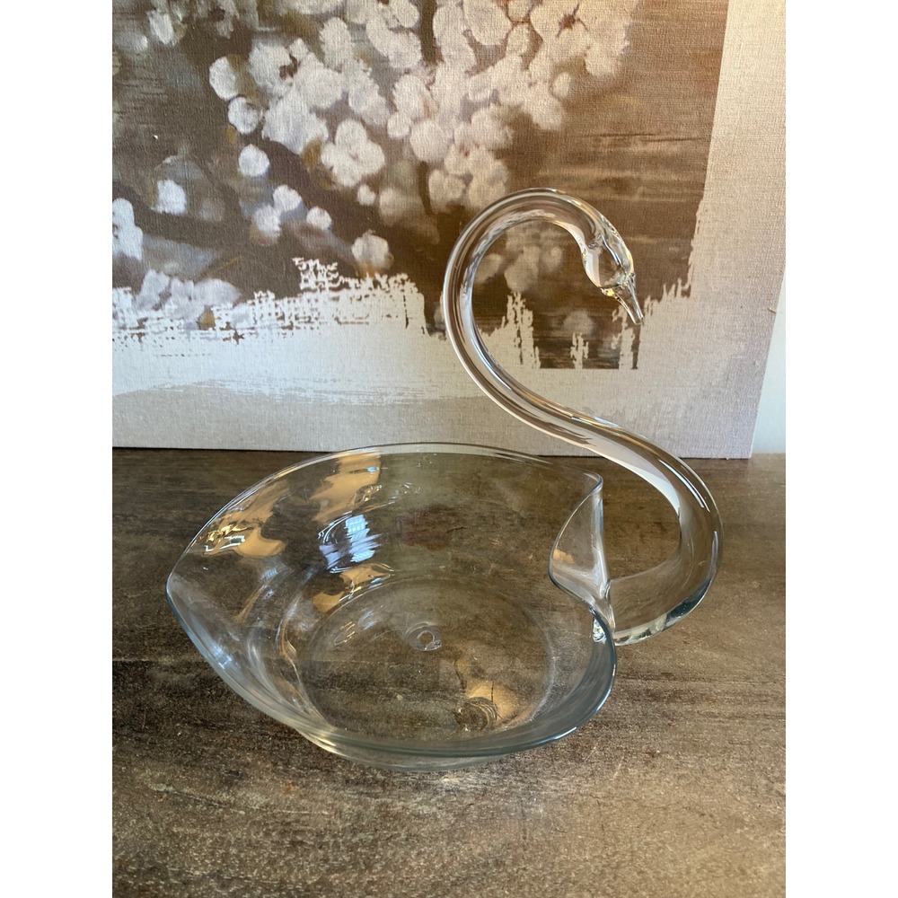 Vintage Hand Blown Clear Glass Swan Bowl Heart Shaped Centerpiece 9 Inch